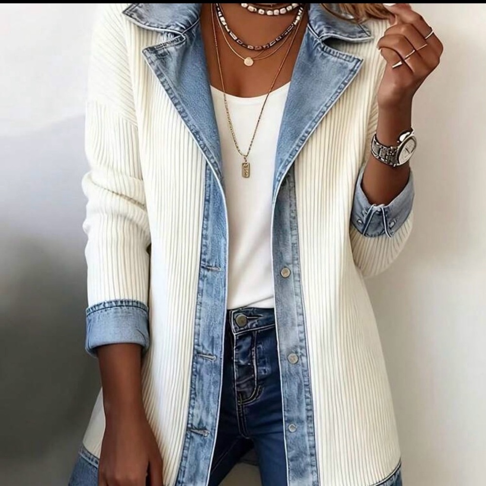 SHEIN Ivory Ribbed Cardigan with Light Blue Denim Trim